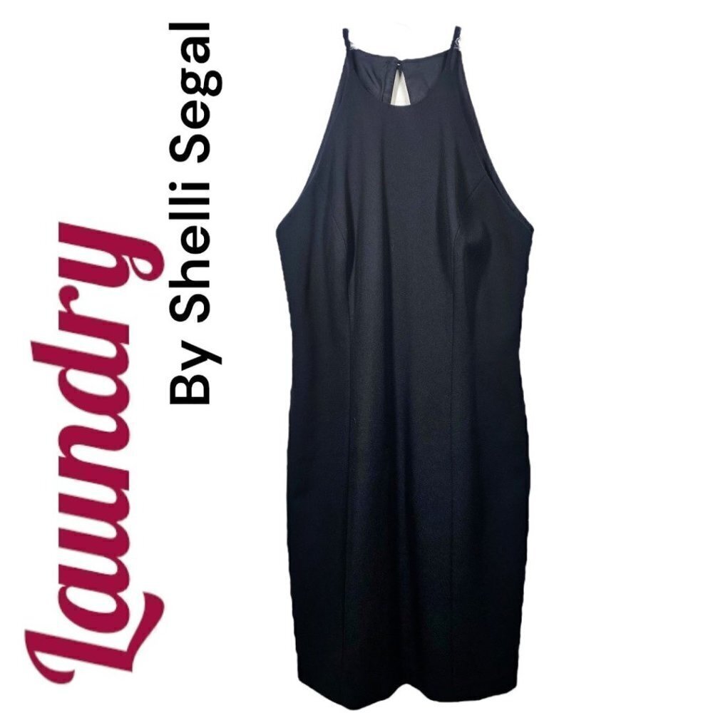 LAUNDRY BY SHELLI SEGAL Open Back LBD Halter Neck Sheath Cocktail Dress Black, 6